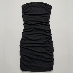 Express Strapless Black Ruched Dress with Beaded Neckline